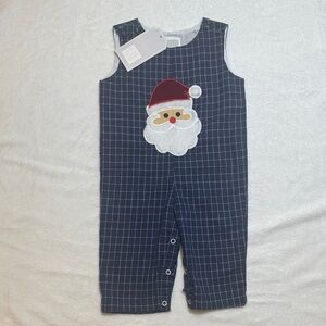 NWT Lil Cactus navy windowpane Santa appliqué longall romper 6/12months